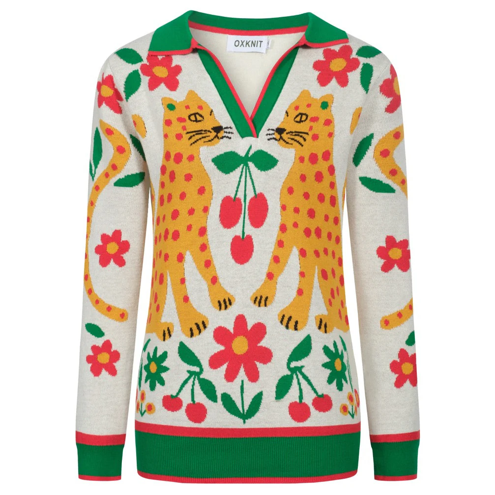 Women's green animal floral jacquard V-neck knitwear