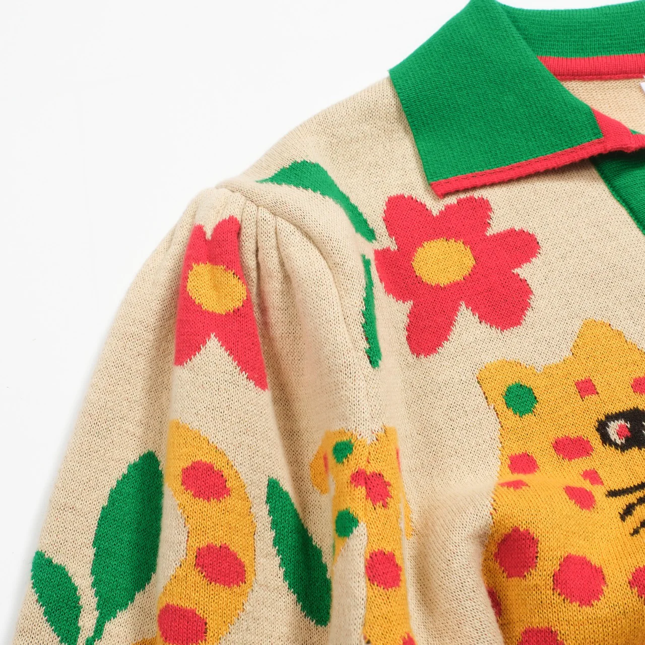 Women's green Animal Garden knitted bubble sleeve polo - Image 7