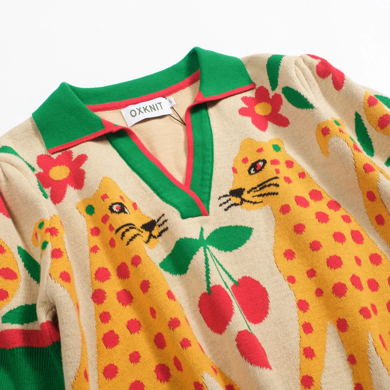 Women's green Animal Garden knitted bubble sleeve polo - Image 9