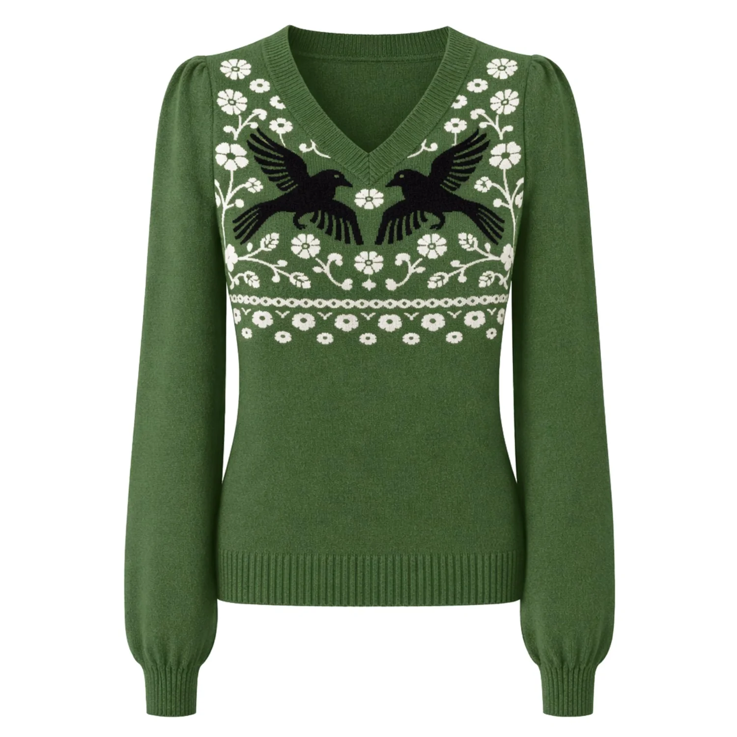 Women's  Green animal  plant jacquard bubble sleeve Knitwear