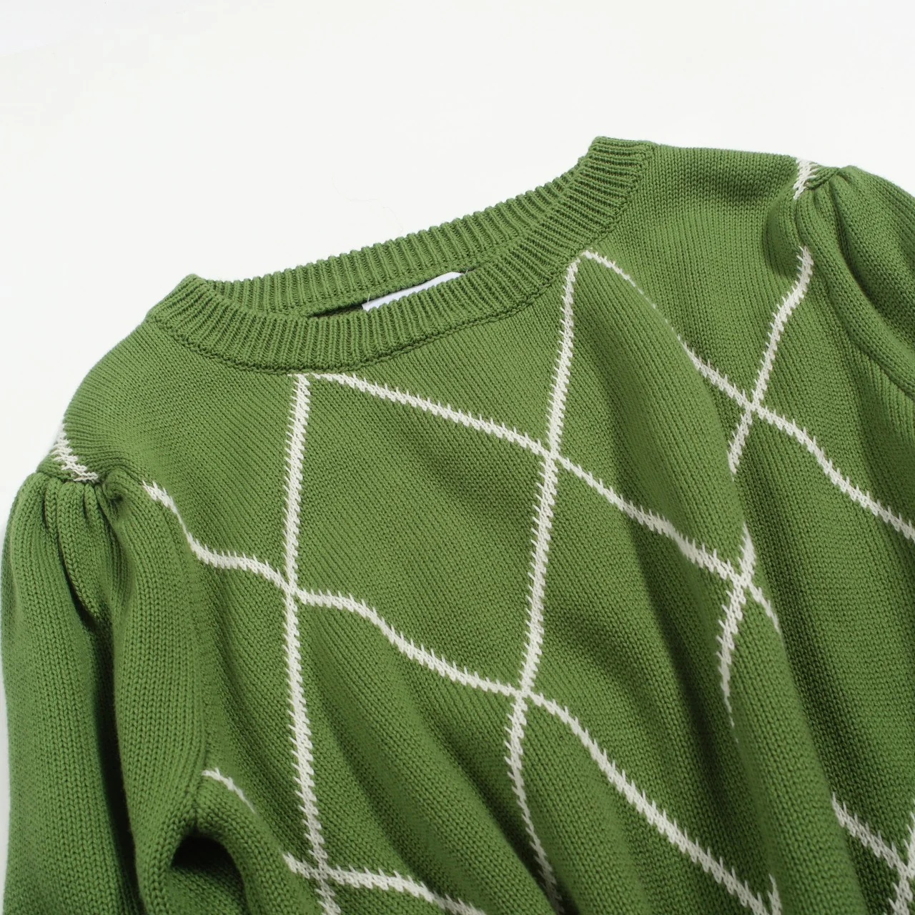 Women's green diamond lattice bubble sleeve knitwear - Image 7