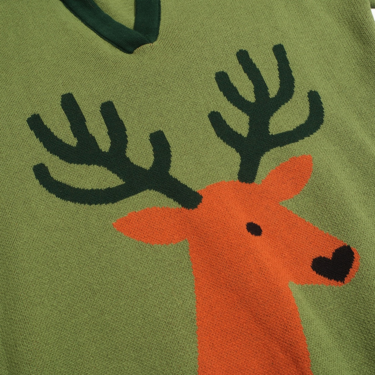 Women's green fawn vintage jacquard V-neck knitwear - Image 2