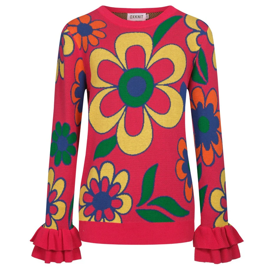 Women's pink floral ruffled design knitwear-longer sleeves