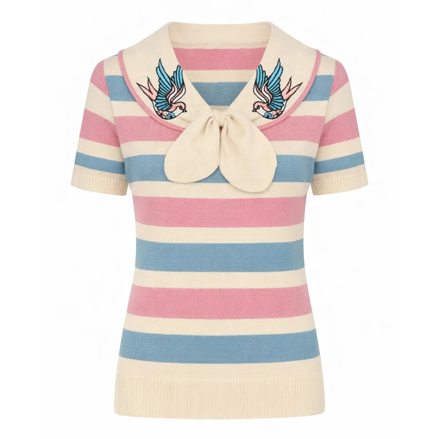 Women's pink striped vintage embroidery lace-up knit T-shirt