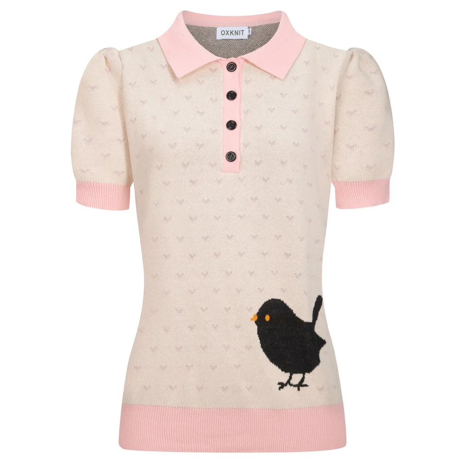 Women's polka dot bird puffed sleeve knitted polo