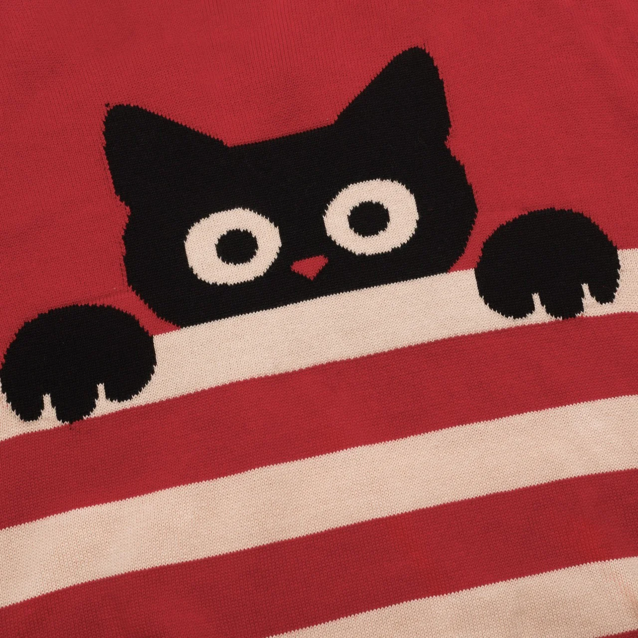 Women's red striped cat bubble sleeve knitwear - Image 2