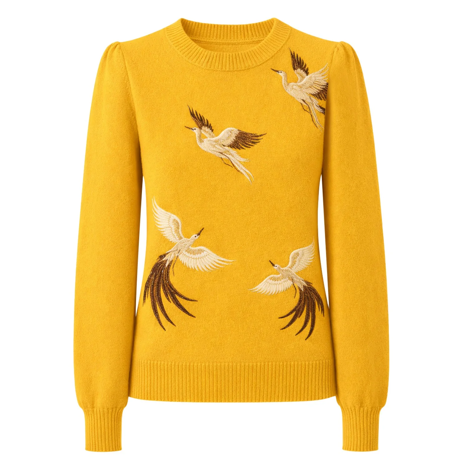 Women's yellow artistic bird embroidery art vintage jacquard knitwear